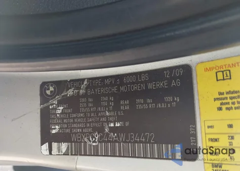 2010 BMW X3 xDrive30I из США, поврежденный, VIN WBXPC9C44AWJ34472